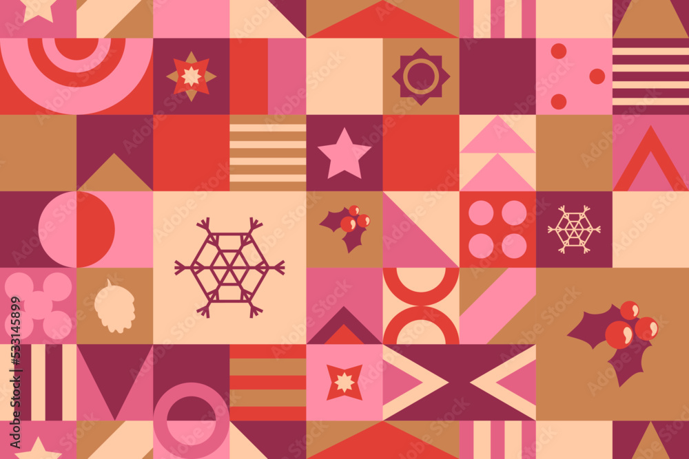 Seamless mosaic pattern for Christmas wrapping paper. Bauhaus pattern with rowan and snowflakes. Vector illustration