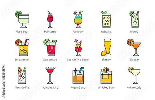 Cocktail icon set 5,  Alcoholic mixed drink vector
