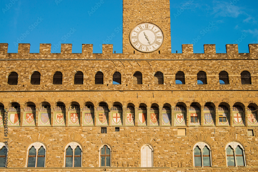 The Palazzo Vecchio is the town hall built during 13th Century. Since 1872 it has housed the office of the mayor of Florence. It is UNESCO World Heritage Site. Italy, 2019