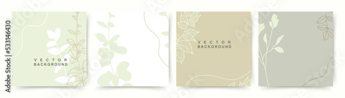Neutral background in green pastel colors with flowers elements. Vector template for social media post, invitation, packaging, branding design, banner, presentation, poster, advertising