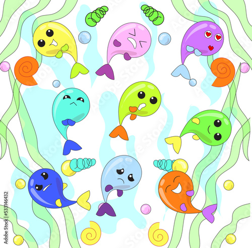 Cute, funny colorful fish characters with human face showing different emotions, cartoon vector illustration isolated on decorative sea background.