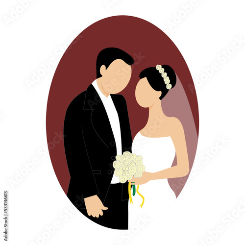 Wedding couples. Bride in wedding dress, just married couple and marriage ceremony cartoon vector illustration set. Bride and groom, couple marriage ceremony