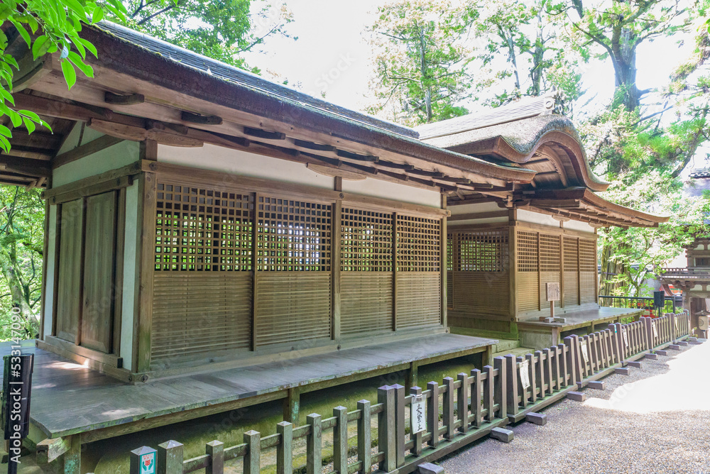 Hai-den (Worship Hall) of the Izumo-Takeo Jinjya Shrine at the Isonokami Jingu Shrine in Nara, National Treasure of Japan.