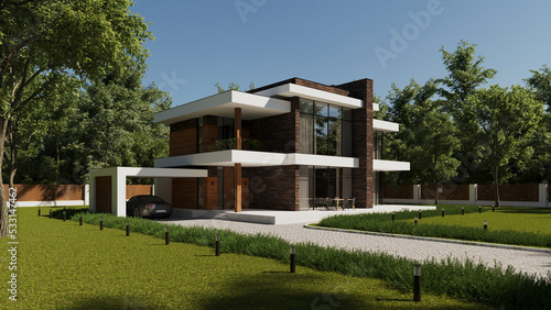 3D visualization of a modern house in the forest. Modern architecture © House