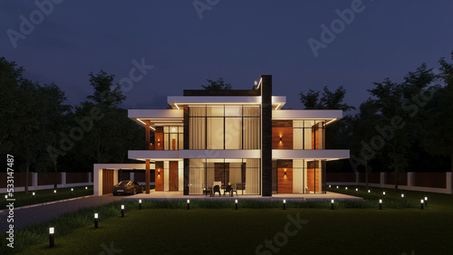 3D rendering of a modern house in the forest. Evening illumination of the facade © House