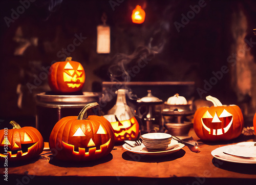 Classic Halloween scene with terrifying orange pumpkins on a witch table, inside, and demonic Halloween symbols, 3D Illustration