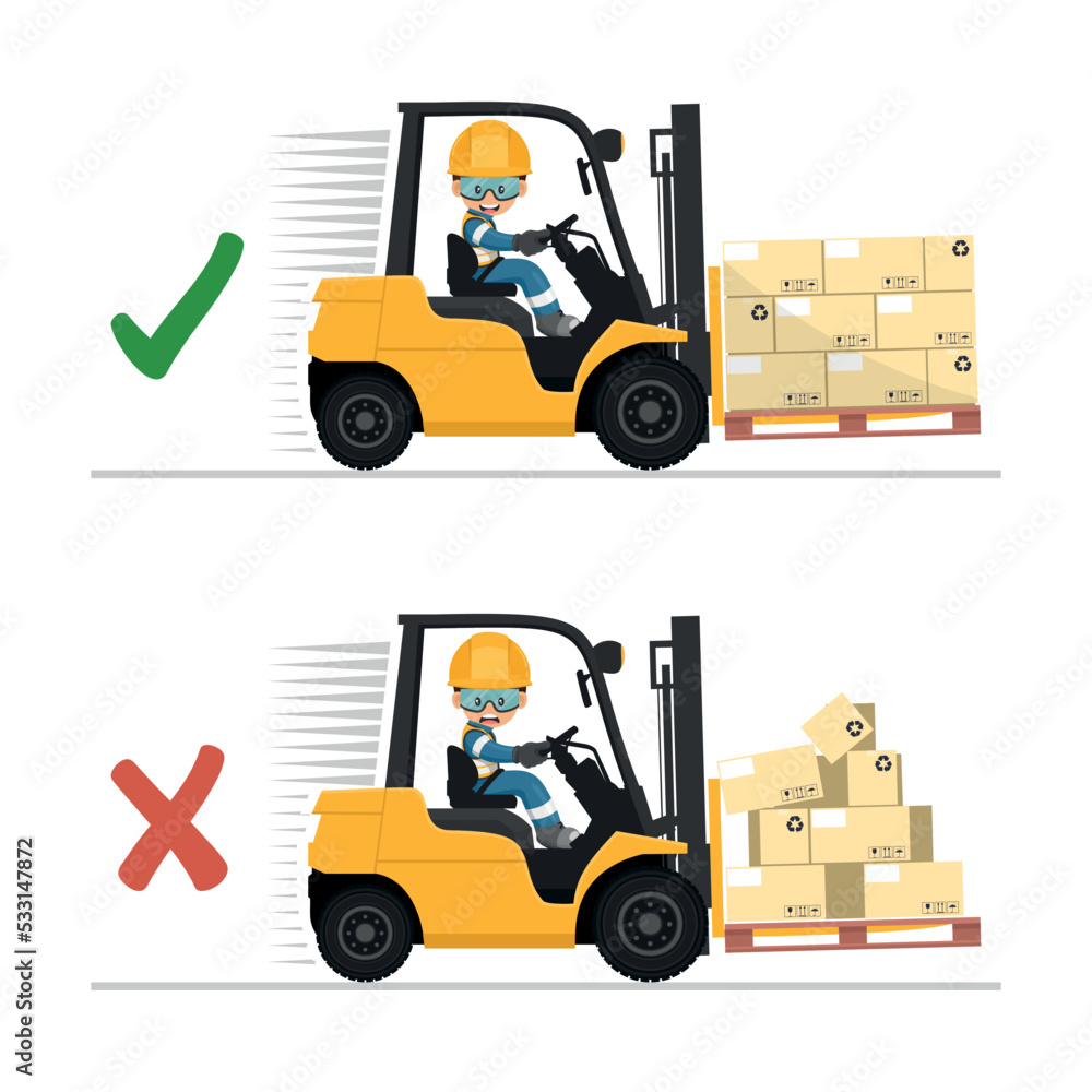 Safety in handling a fork lift truck. Make sure the load is properly stacked. Security First. Prevention of accidents at work. Industrial Safety and Occupational Health