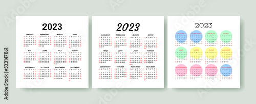 Calendar 2023 year set. Vector square template collection. Ready design. January  February  March  April  May  June  July  August  September  October  November  December