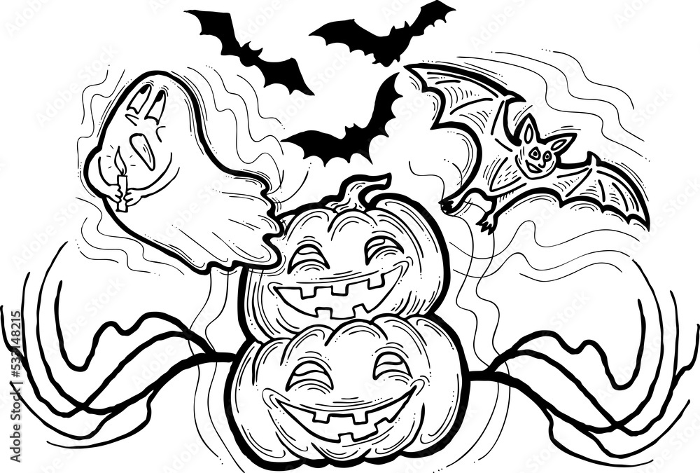 Halloween decorative design composition with pumpkin. ghost, bat. Hand drawn illustration for poster print, party invitation, sale promotion, banner advertisement. Funny, scary cartoon characters.
