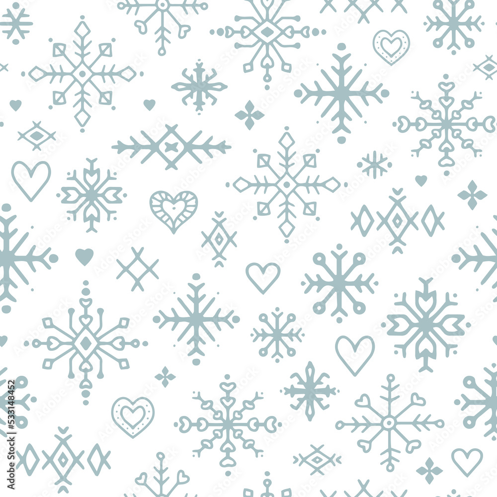 Snowflake seamless vector pattern. Background with blue festive Snowflakes and Scandinavian ornaments. Snowflake seamless vector pattern. Background with blue festive Snowflakes and Scandinavian ornaments.