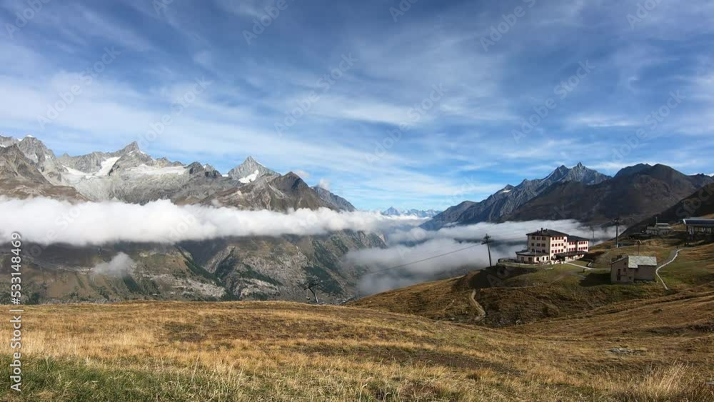 Timelapse Sea of mist at Matterhorn Mountain near Bruder Klaus, Riffelberg Chapel, Riffelsee Zermatt, Switzerland. Timelapse Sea of mist at Matterhorn Mountain near Bruder Klaus, Riffelberg Chapel, Riffelsee Zermatt, Switzerland.