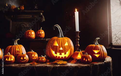 Classic Halloween scene with terrifying orange pumpkins on a witch table, inside, and demonic Halloween symbols, 3D rendering
