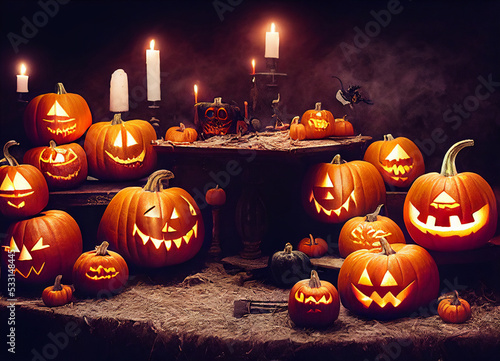 Classic Halloween scene with terrifying orange pumpkins on a witch table, inside, and demonic Halloween symbols, 3D Illustration