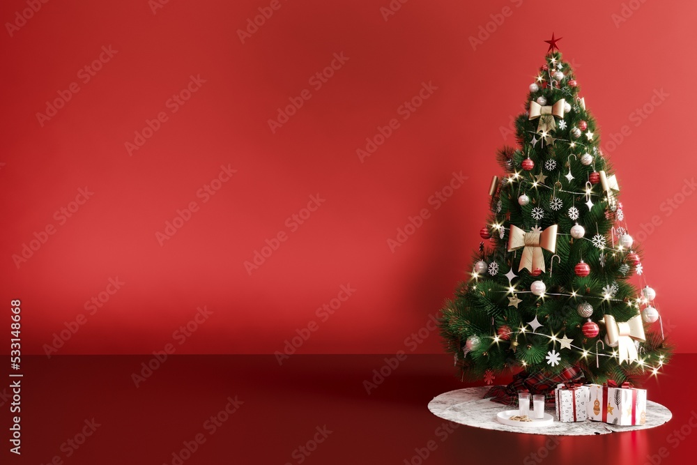 mockup poster christmas tree and decorations with red background mockup poster christmas tree and decorations with red background