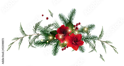 Emerald christmas greenery, red poinsettia, amaryllis, spruce, fir, cedar, winter berry vector design garland