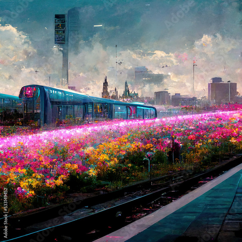 Spectacular flower garden in the suburbs of a futuristic cyberpunk city with a nearby train track and a futuristic train, neon glow lights. Digital 3D illustration. photo