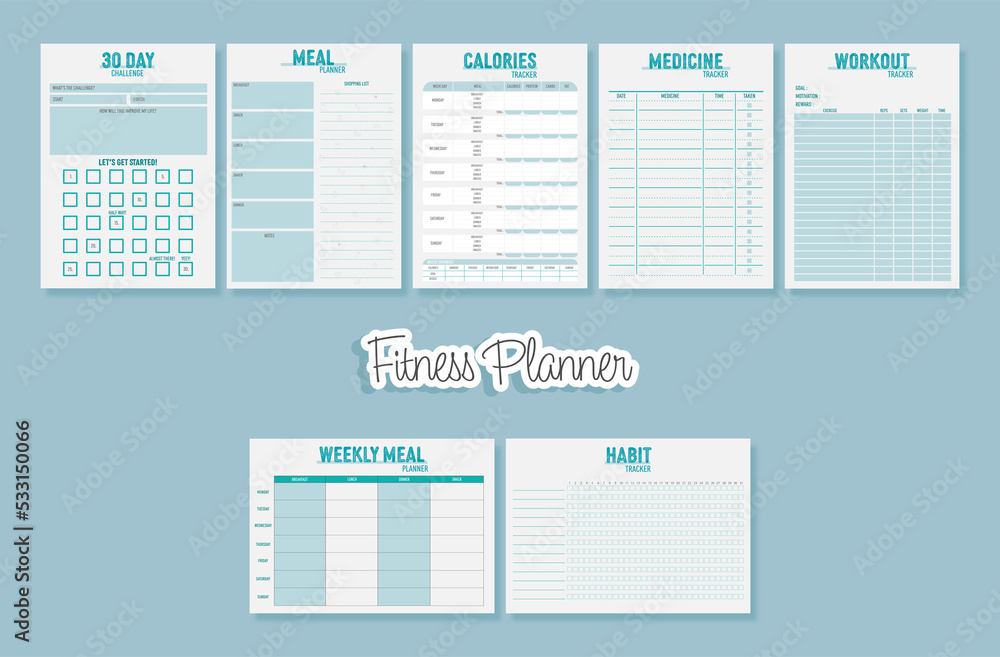 Fitness planner printable templates. Meal planner,calories list,habit tracker