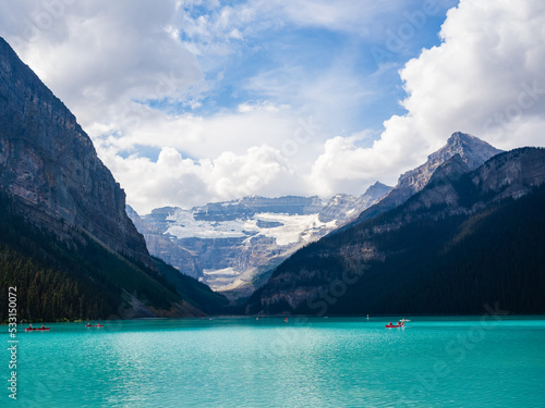 canoes on lake louise in banff national park