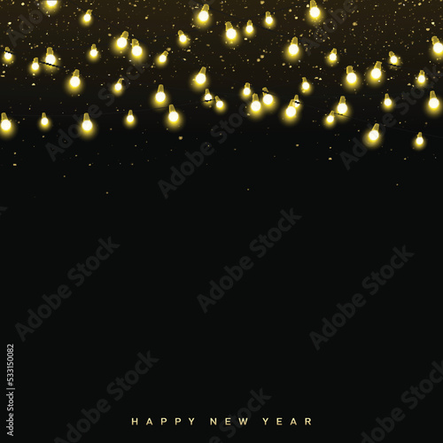 Happy New Year or Xmas card with glowing lights. Vector