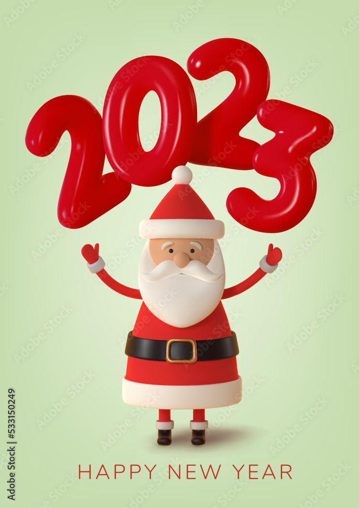 Happy New Year. Christmas Santa Claus with Red 2023 number made of plastic. Realistic 3d render. Vector illustration Happy New Year. Christmas Santa Claus with Red 2023 number made of plastic. Realistic 3d render. Vector illustration