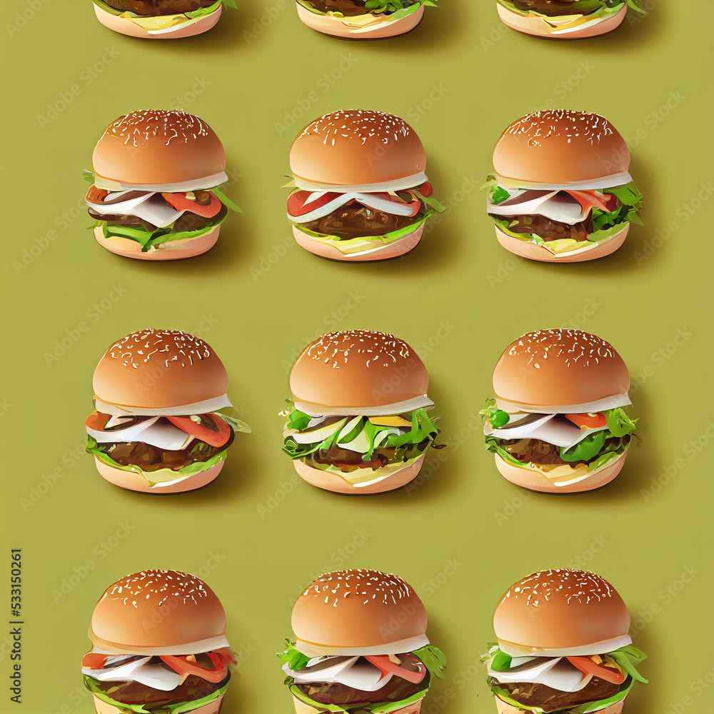 fast food burger illustration, repeating pattern painting, green background fast food burger illustration, repeating pattern painting, green background