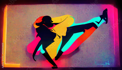 man dancing a hip hop pose, breakdance, dance contest with neon colors