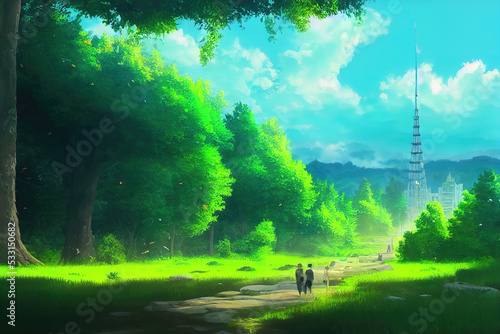 anime landscape illustration, path and forest