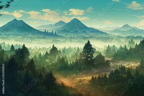 fantasy anime landscape illustration with mountains and sky, a path in the forest