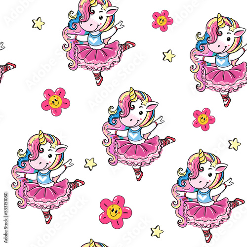 Beautiful ballerina unicorn seamless pattern on white background isolated. Vector cartoon illustration for t-shirt print, birthday card