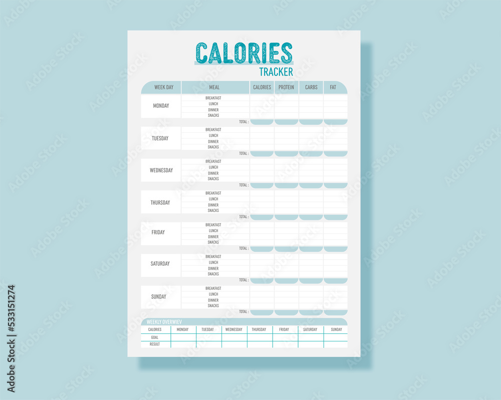 Calories tracker.Weekly fitness planner.Printable A4 sheets.Vector