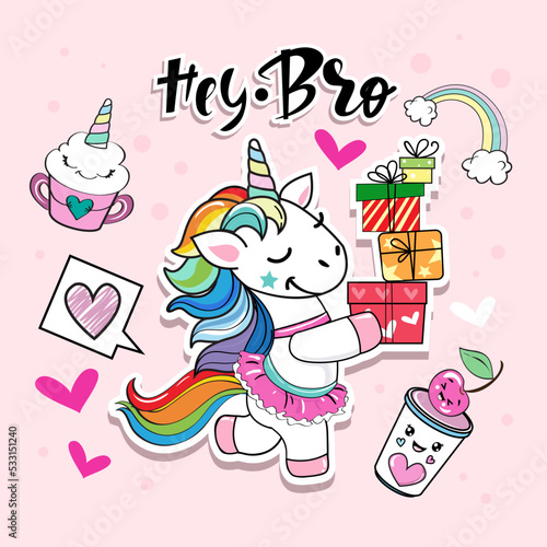 Beautiful unicorn with gift boxes and cakes in kawaii style. Modern trend stickers vector cartoon illustration