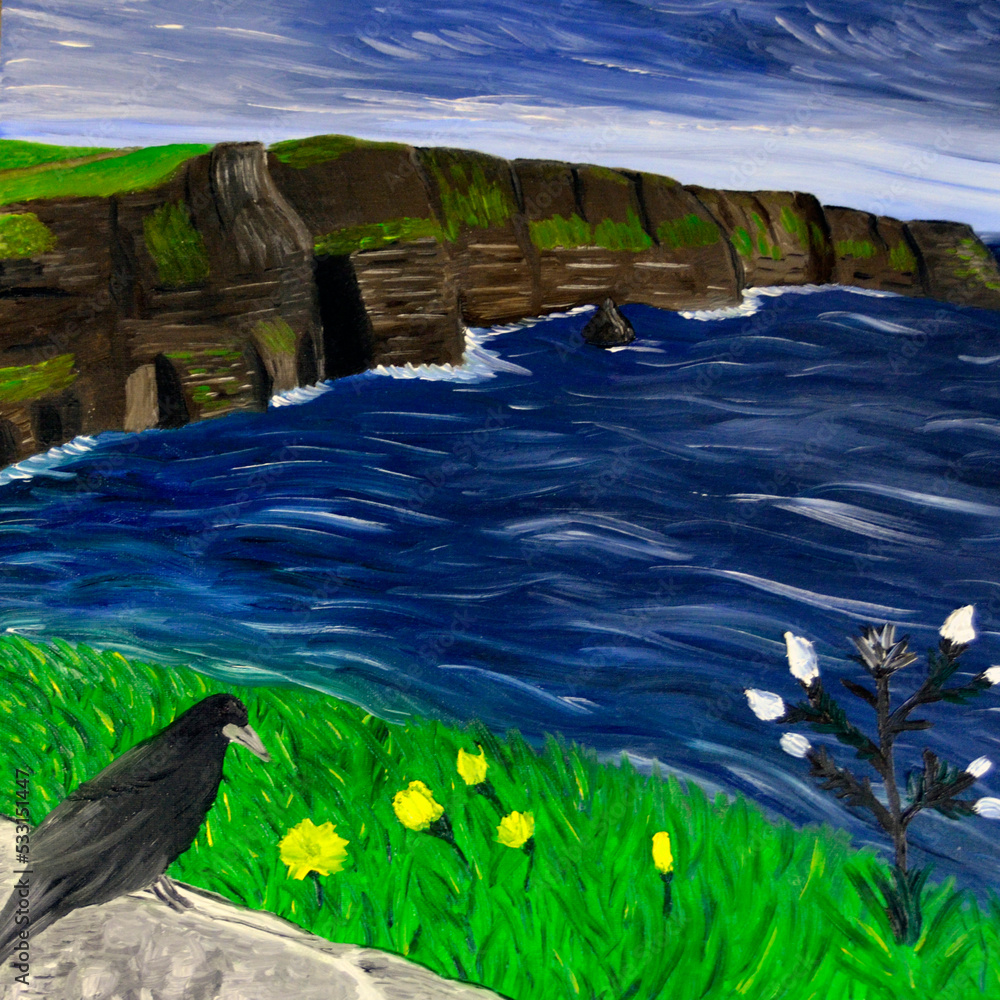 Oil painting on canvas Beautiful Irish landscape with famous Irish landmark Cliffs of Moher, Atlantic ocean coastline and a black raven by artist Anastasiia Popova. Hand drawn Irish scenery