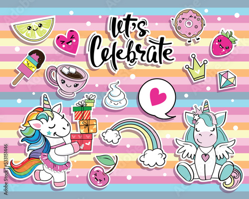 Birthday set  stickers with cute unicorns and cakes in kawaii style. Vector illustration. T-shirt design, holiday card