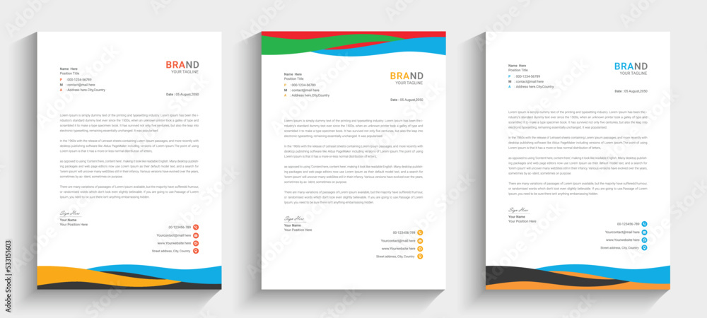 professional letterhead template design with three colors. letterhead design.

