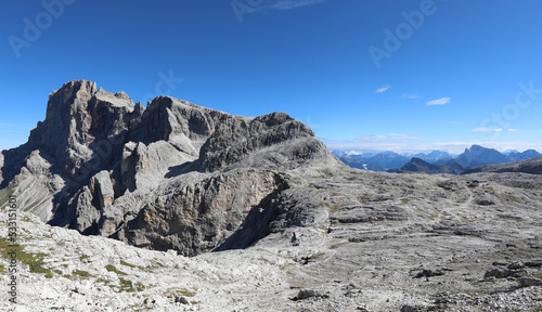 panorama of the Italian Alps on the mountain group of the Dolomites on the mountain called ROSETTA in Italy
