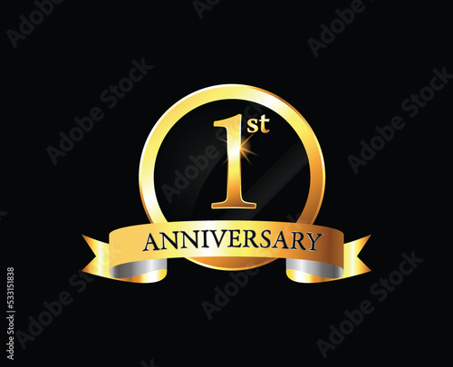 1 year anniversary logo celebration with ring and ribbon. Anniversary celebration. Gold Luxury Banner of 1st Anniversary celebration. First celebration card. Vector anniversary