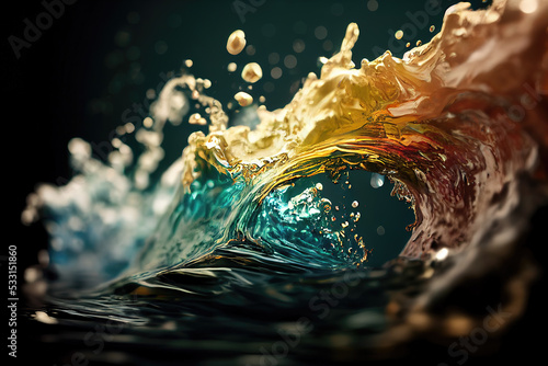 rendered colorful splash image as a wave incoming, illustration, animation style photo