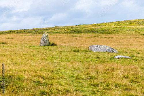A view over the standing stones at Waun Mawn (source of the stones for Stonehenge) in the Preseli hills in Pembrokeshire, Wales on a summers day