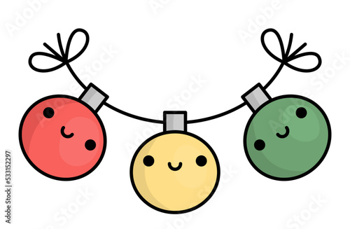 Vector colored kawaii jingle bells. Cute Christmas ornament character illustration isolated on white background. New Year or winter smiling tree decoration. Funny cartoon holiday icon.
