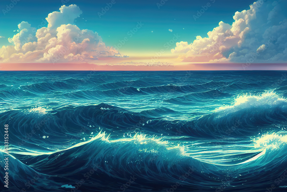 Obraz premium anime landscape illustration with waves, shining waves