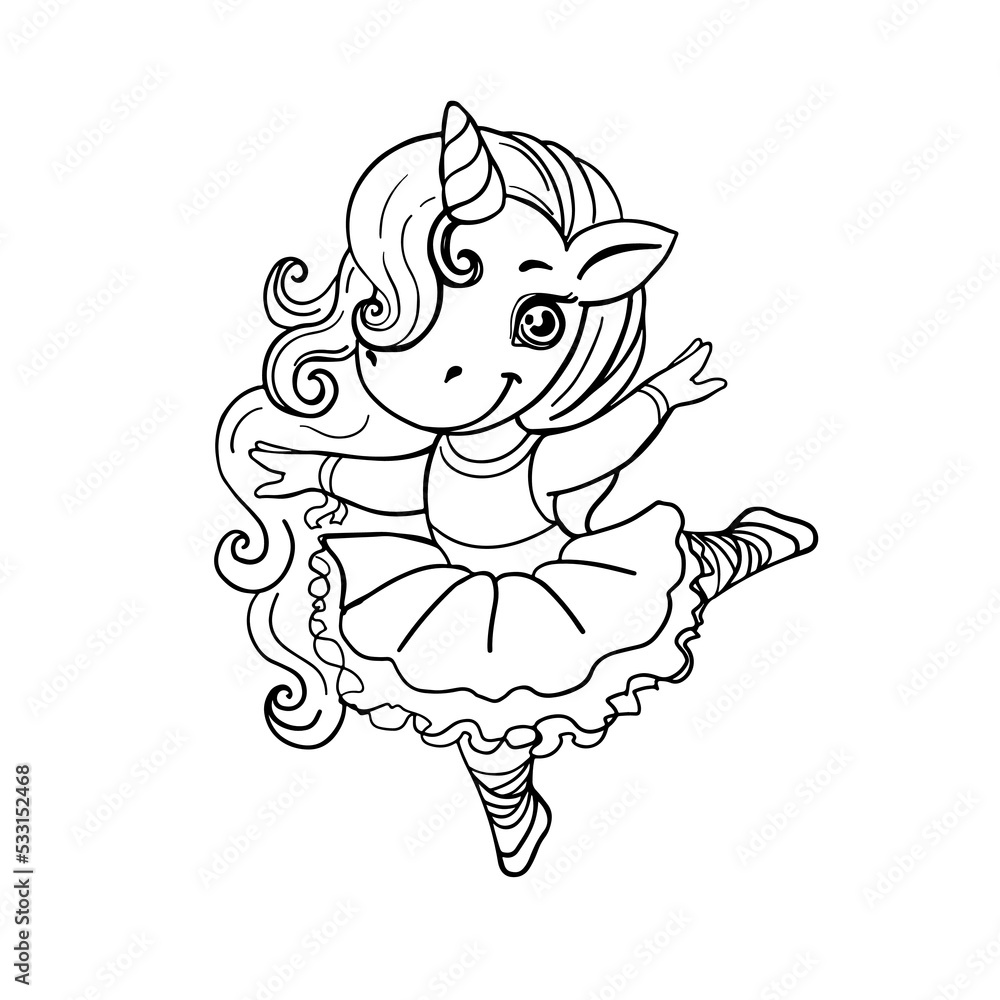 Cute unicorn ballerina one line isolated. Vector illustration coloring