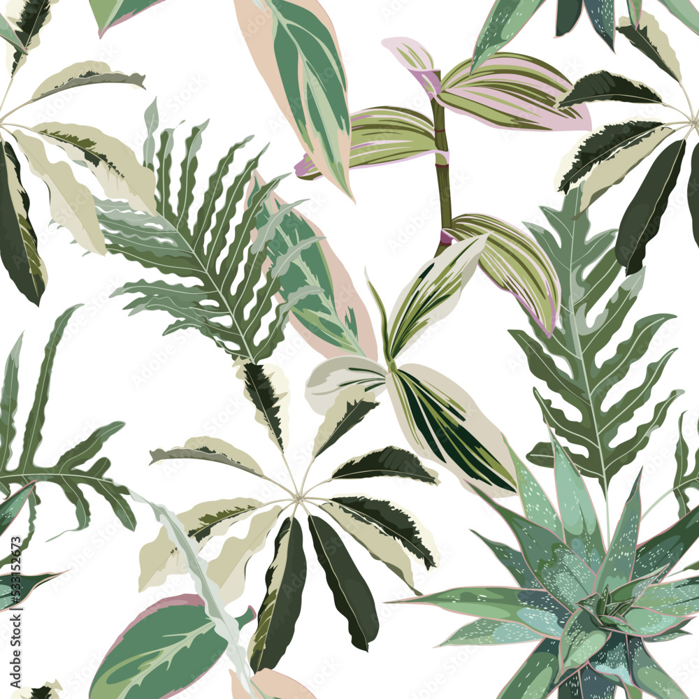 Floral seamless pattern, pink tropical  leaves on white background.