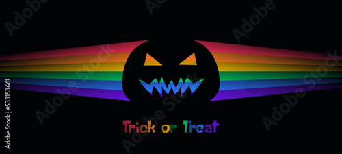 trick or treat happy halloween lgbt rainbow color rays  scary pumpkin  greeting card banner design vector illustration