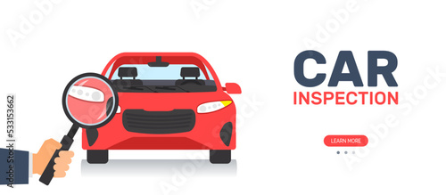 car inspection concept hand holding magnifying glass checking a vehicle vector illustration