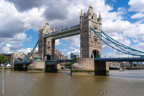 Tower Bridge with blue skies and white clouds