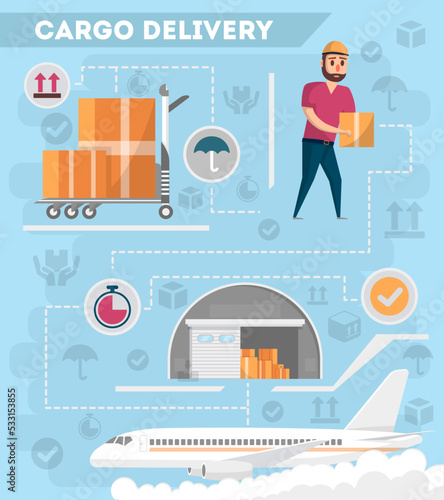 Worldwide air delivery service poster. Commercial airline advertising, world goods shipping, freight transportation, cargo air postal. Cargo plane, warehouse and worker with box vector illustration.