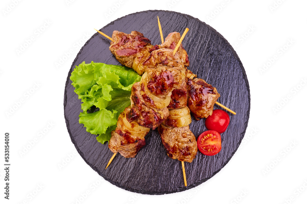 Grilled pork skewers, roasted shish kebab BBQ, isolated on white background.
