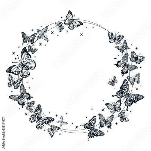 Butterfly silhouettes frame, cartoon black flying butterflies. Hand drawn insects round frame, outline butterfly composition vector background illustration. Flat butterflies design