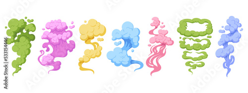 Cartoon colorful clouds, blue, green and pink smoke clouds. Pastel colours comic book stream cloud puffs flat vector symbols illustrations set. Multicoloured dust clouds