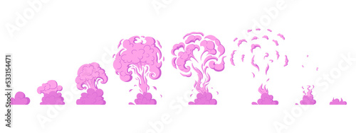 Cartoon pink dust clouds animation, smoke silhouette sprite. Colorful smoke explosion sprite elements flat vector symbols illustration set. Pink dust clouds animation